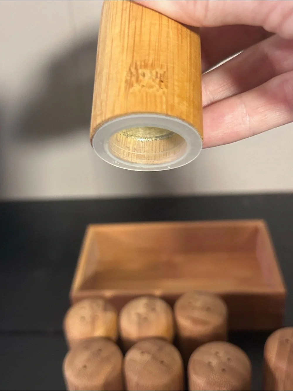 8 Pc Bamboo Salt Pepper Shaker Set w/ Storage Tray Refillable Kitchen Table